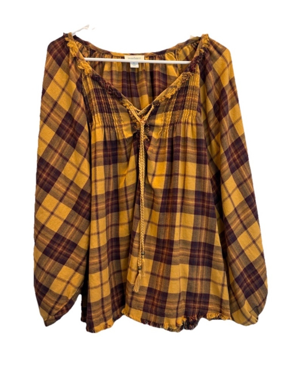 Sundance Perfectly Plaid Top Gold Purple Plaid Boho Fringe Tassel Womens XL